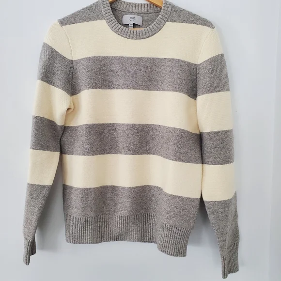 JACK SPADE Men MED Cream Gray Wide Stripe Sweater Wool Blend Crew Preppy Neutral